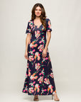 24seven Comfort Apparel Navy Floral Print Elbow Sleeve Casual A Line Maxi Dress