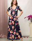 24seven Comfort Apparel Navy Floral Print Elbow Sleeve Casual A Line Maxi Dress
