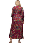 Wine Paisley Print Bishop Sleeve A Line Maxi Dress