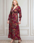 Wine Paisley Print Bishop Sleeve A Line Maxi Dress