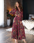 Wine Paisley Print Bishop Sleeve A Line Maxi Dress