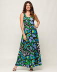 24seven Comfort Apparel Womens Blue Butterfly Print Scoop Neck A Line Sleeveless Maxi Dress