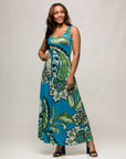 24seven Comfort Apparel Womens Blue Paisley Print Scoop Neck A Line Sleeveless Maxi Dress