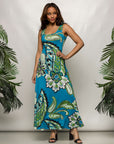24seven Comfort Apparel Womens Blue Paisley Print Scoop Neck A Line Sleeveless Maxi Dress