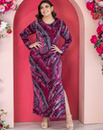 Magenta Print Long Sleeve Side Slit Plus Size Maxi Dress