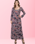 Long Sleeve Black Paisley A Line Maxi Dress