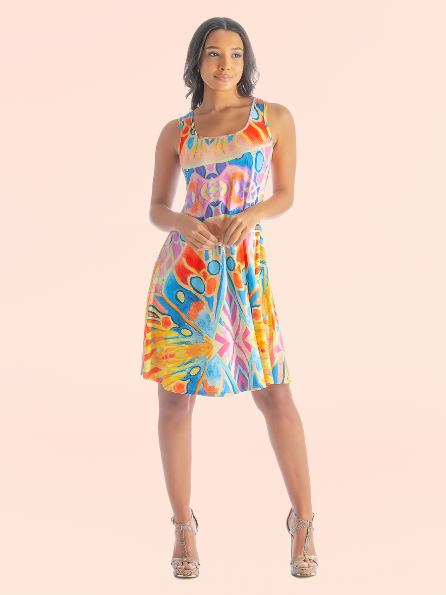 Multicolor Print Womens Sleeveless Knee Length Tank Swing Dress