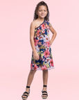 Girls Blue Floral One Shoulder Ruffle Knee Length Dress