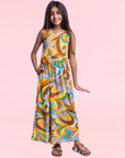 Girls Yellow Floral Print Sleeveless Maxi Dress