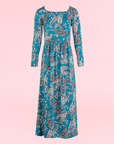 24seven Comfort Apparel Girls Blue Paisley Long Sleeve Pleated Maxi Dress