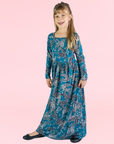 24seven Comfort Apparel Girls Blue Paisley Long Sleeve Pleated Maxi Dress