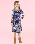 24seven Comfort Apparel Girls Blue Paisley Long Sleeve Loose Fit Knee Length Tunic Pocket Dress