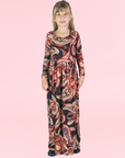 24seven Comfort Apparel Girls Black and Red Paisley Long Sleeve Pleated Maxi Dress