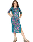 24seven Comfort Apparel Teal Animal Print Side Slit Girls Maxi Dress