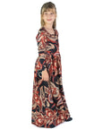 24seven Comfort Apparel Girls Black and Red Paisley Long Sleeve Pleated Maxi Dress