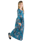 24seven Comfort Apparel Girls Blue Paisley Long Sleeve Pleated Maxi Dress