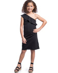 Girls Solid Color One Shoulder Ruffle Knee Length Dress