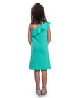Girls Solid Color One Shoulder Ruffle Knee Length Dress