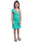 Girls Solid Color One Shoulder Ruffle Knee Length Dress