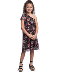 Girls Black Floral One Shoulder Ruffle Knee Length Dress