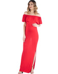 Off Shoulder Ruffle Detail Maternity Maxi Dress
