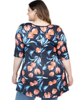 Plus Size Black Tulip Print Elbow Sleeve Casual Tunic Top