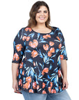 Plus Size Black Tulip Print Elbow Sleeve Casual Tunic Top