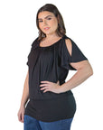 Plus Size Womens Solid Color Short Sleeve Split Shoulder Top