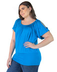 Plus Size Womens Solid Color Short Sleeve Split Shoulder Top