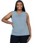 Plus Size Blue Print Pleated Crew Neckline Back Closure Sleeveless Top