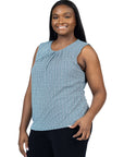 Plus Size Blue Print Pleated Crew Neckline Back Closure Sleeveless Top