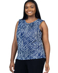 Plus Size Navy Print Pleated Crew Neckline Back Closure Sleeveless Top