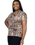 Plus Size Brown Print Short Sleeve V Neck Wrap Top