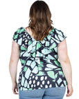 Cap Sleeve Green Butterfly Print Ruffle V Neck Plus Size Top
