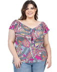 Cap Sleeve Pink Paisley Print Ruffle V Neck Plus Size Top