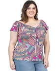 Cap Sleeve Pink Paisley Print Ruffle V Neck Plus Size Top