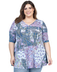 Purple Paisley Print Plus Size Elbow Sleeve V Neck Henley Tunic Top