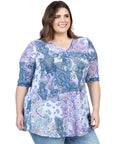 Purple Paisley Print Plus Size Elbow Sleeve V Neck Henley Tunic Top