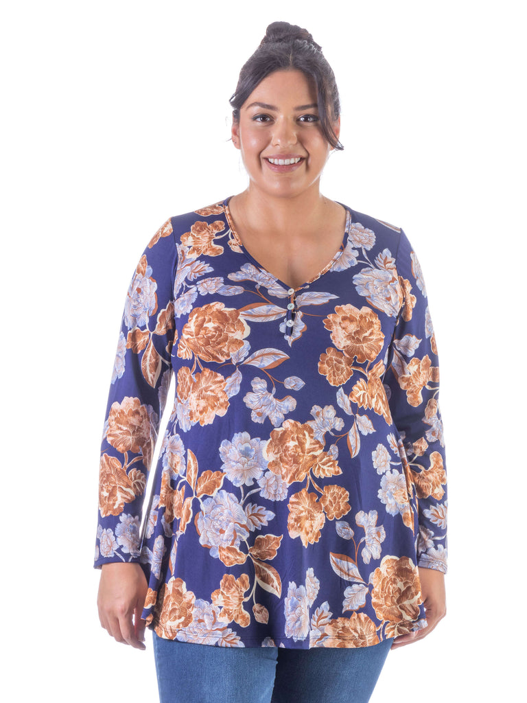 Blue Floral Long Sleeve V Neck Plus Size Tunic Top