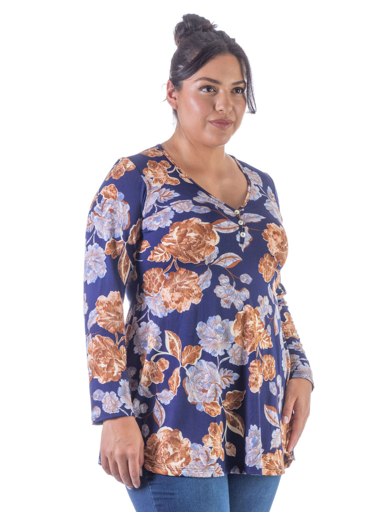 Blue Floral Long Sleeve V Neck Plus Size Tunic Top