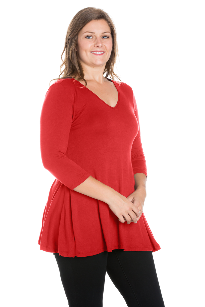 V-Neck Plus Size Three Quarter Sleeve Red Tunic Top For Women
