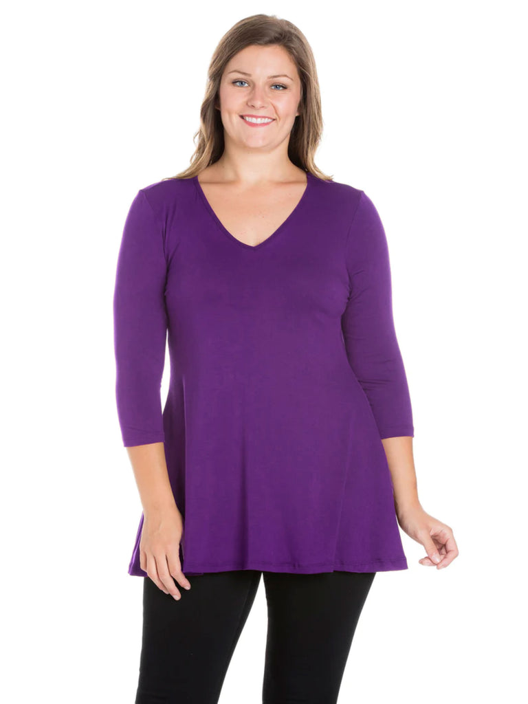 V-Neck Plus Size Three Quarter Sleeve Purple Tunic Top For Women