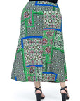 Green Scarf Print Plus Size Elastic Waist Ankle Length Comfortable Maxi Skirt