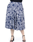 Plus Size Navy Geometric Print Pleated Midi Skirt With Pockets
