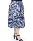 Plus Size Navy Geometric Print Pleated Midi Skirt With Pockets