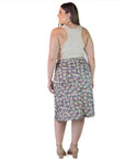 Plus Size Black Floral Print Elastic Waist Below Knee Length Skirt