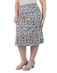 Plus Size Black Floral Print Elastic Waist Below Knee Length Skirt