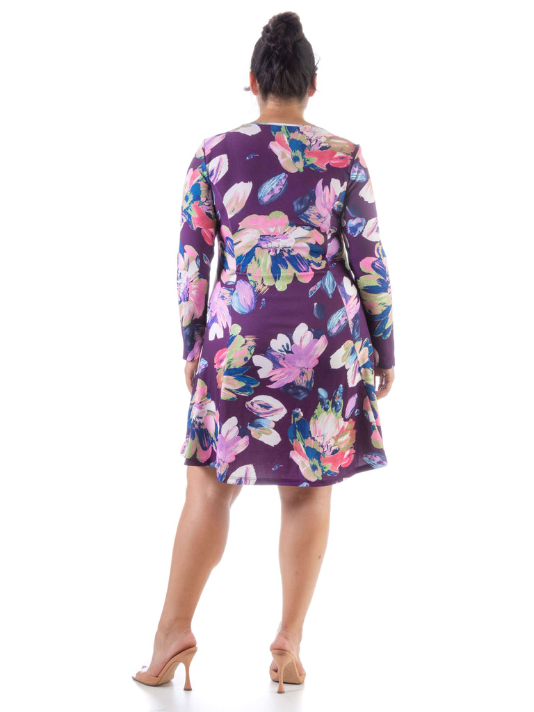 Floral Purple Long Sleeve Plus Size Knee Length Dress