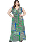 Plus Size Green Scarf Print V Neck Empire Waist Sleeveless Maxi Dress