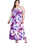Plus Size Casual Purple Floral Scoop Neck Sleeveless Maxi Dress With Pockets